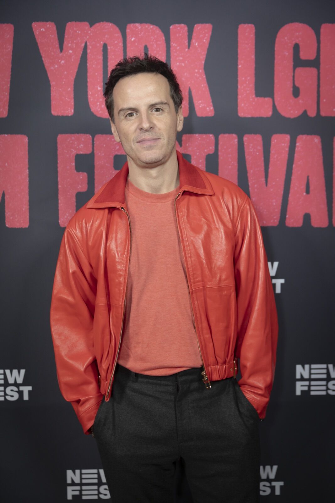 Andrew Scott wearing a red leather jacket at the NewFest premiere of Elsinore in New York.