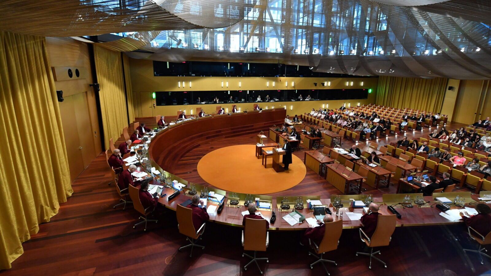 Judges and lawyers in the Grand Chamber of the Court of Justice of the European Union.
