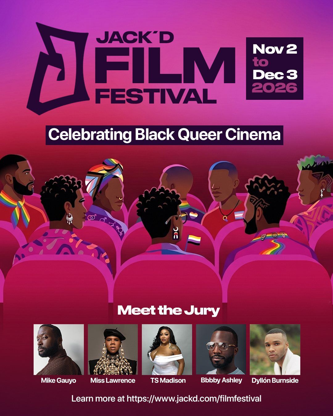 Jack’d Film Festival poster announcing Nov. 2 to Dec. 3, 2026, with five jury members.