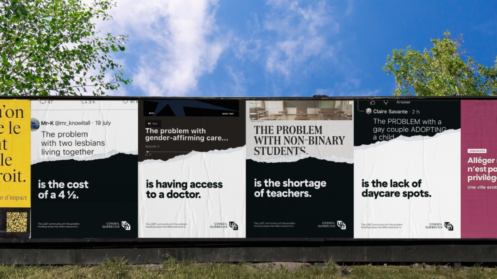Four Conseil québécois LGBT campaign posters redirect anti-LGBTQ+ talking points toward housing, health care, schools and child care.