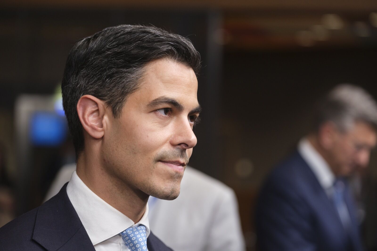 Dutch Prime Minister Rob Jetten speaks to reporters at an EU summit in Brussels.