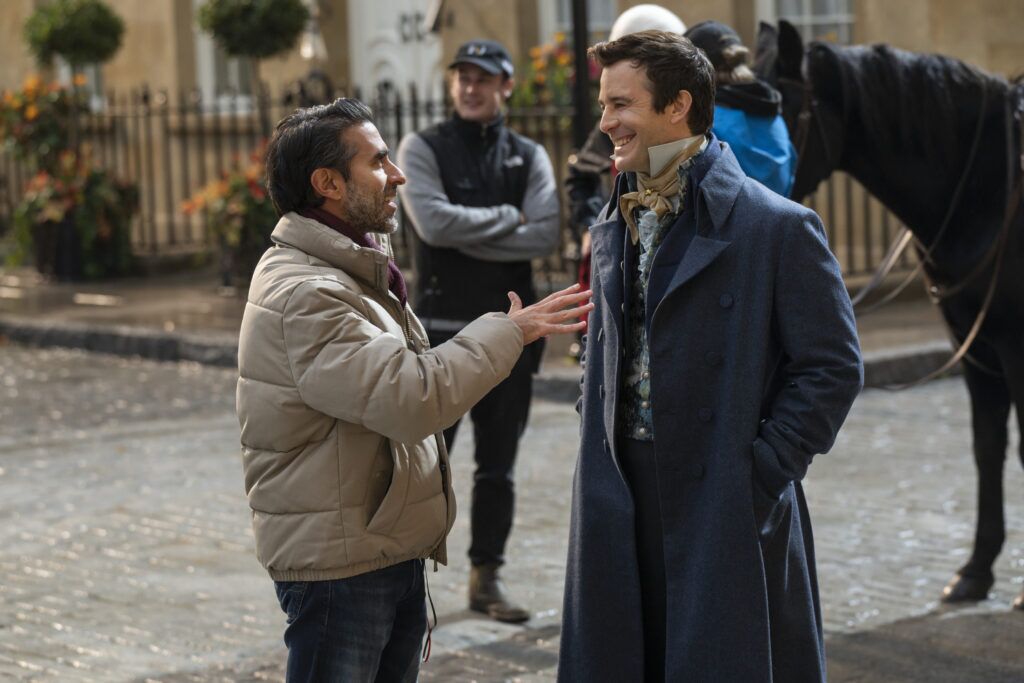 Bridgerton. (L to R) Director Jaffar Mahmood, Luke Thompson as Benedict Bridgerton in episode 402 of Bridgerton. Cr. Liam Daniel/Netflix © 2025