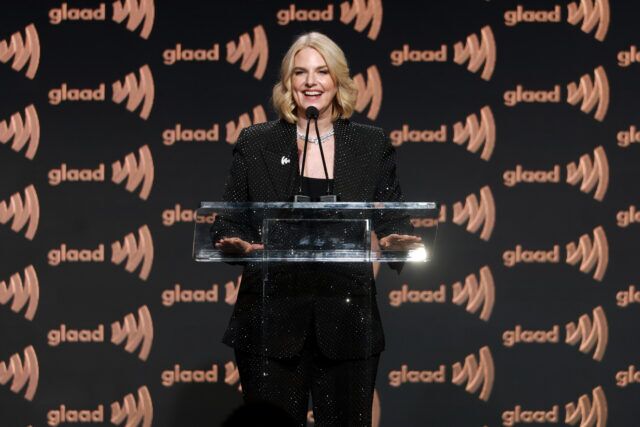 GLAAD President and CEO Sarah Kate Ellis speaks on stage at the 37th Annual GLAAD Media Awards at The Beverly Hilton on March 5, 2026 in Beverly Hills, California. 
