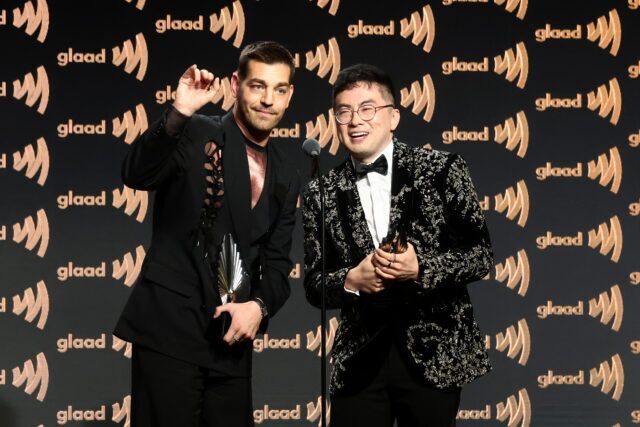 Matt Rogers and Bowen Yang accept an award on stage at the 37th Annual GLAAD Media Awards at The Beverly Hilton on March 5, 2026 in Beverly Hills, California. 