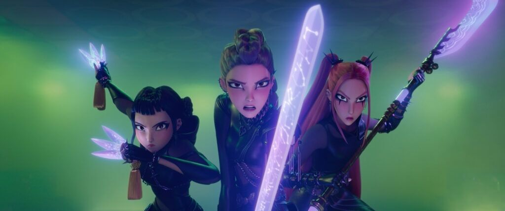 KPOP DEMON HUNTERS - (L-R) Zoey (voice by JI-YOUNG YOO), Rumi (voice by ARDEN CHO) and Mira (voice by MAY HONG) . ©2025 Netflix