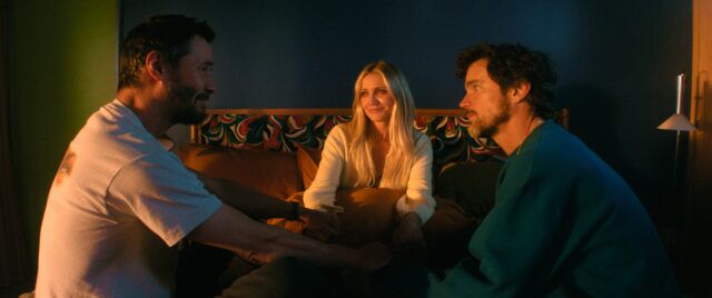 Keanu Reeves, Cameron Diaz and Matt Bomer in "Outcome," now streaming on Apple TV.