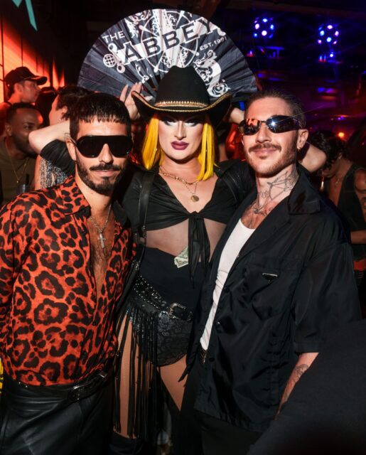 Oly Innes celebrated his birthday with a sunglasses-themed bash at The Abbey featuring Erika Jayne as DJ, go-go dancers, and a packed West Hollywood crowd.