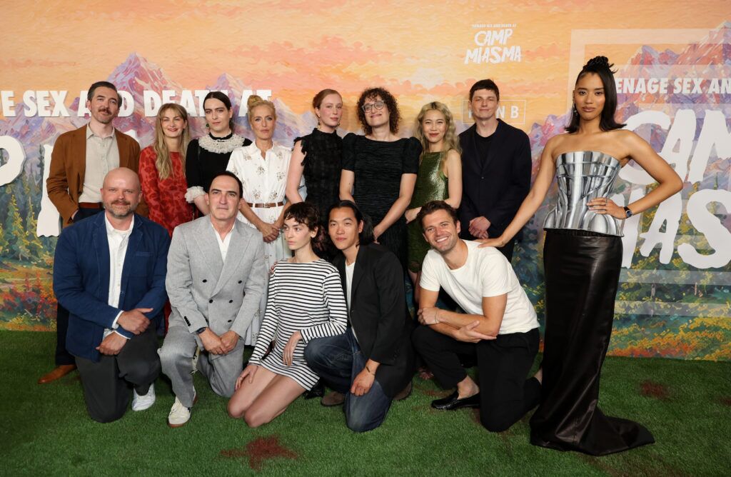 Matthew Hyland, Graham Mason, Kendra Tarpenning, Sepi Mashiahof, Patrick Fischler, Gillian Anderson, Jack Haven, Hannah Einbinder, Eric K. Yue, Jane Schoenbrun, Caddy Vanasirikul, Willy McGee, Brandon Tonner-Connolly and Jasmin Savoy Brown seen at the Special Screening of Mubi's "Teenage Sex and Death at Camp Miasma" at DGA Theatre on July 29, 2026 in Los Angeles, California. (Photo by JC Olivera/Mubi via Getty Images)