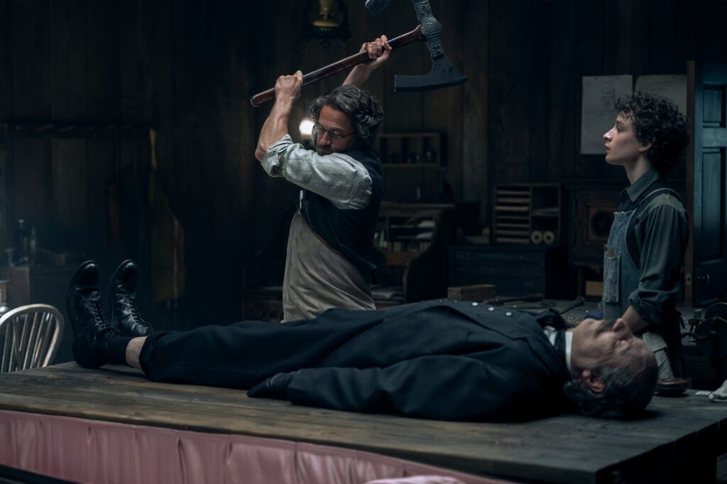 Monster: The Lizzie Borden Story. (L to R) Charlie Hunnam as Andrew Borden, Oliver Spenceman as Stephen in episode 401 of Monster: The Lizzie Borden Story. Cr. Suzanne Tenner/Netflix © 2026